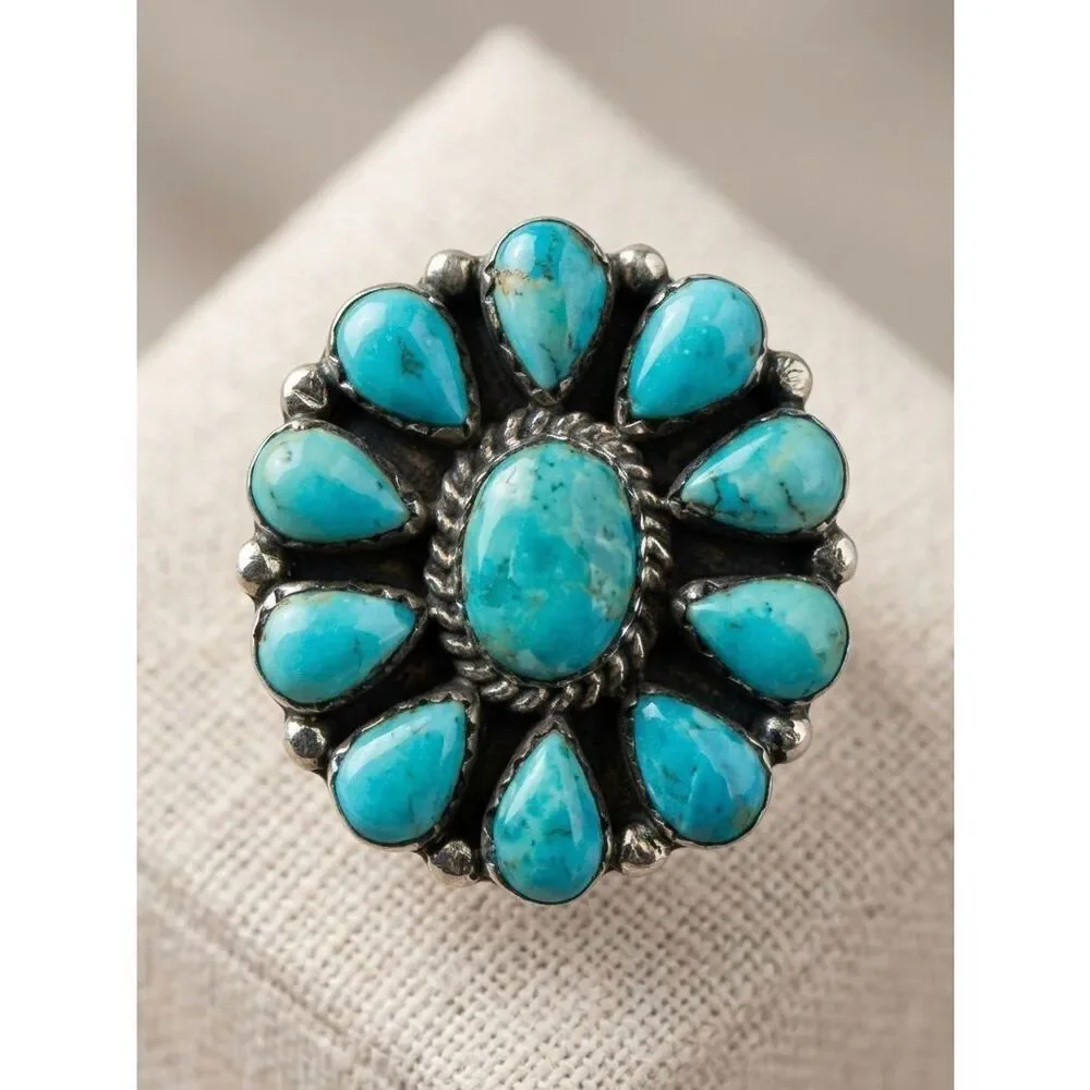 New Sterling Silver Turquoise Cluster Ring Artisan Southwestern Teardrop Design